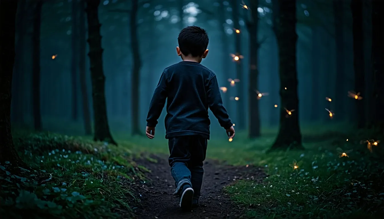 A teenage boy in a dark forest surrounded by fireflies